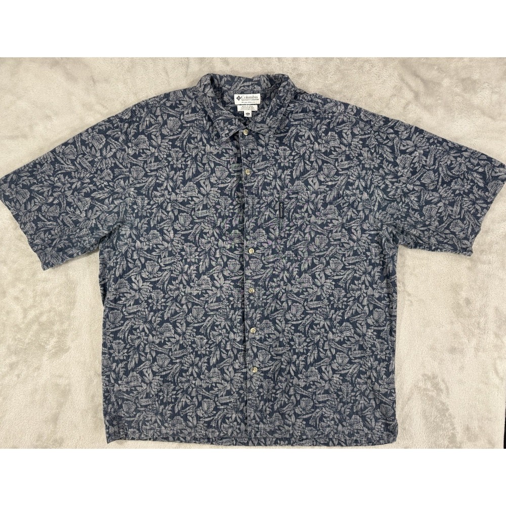 Columbia Shirt Mens XXL Dad Blue Floral AOP Camp Fishing Vented Hawaiian Retro